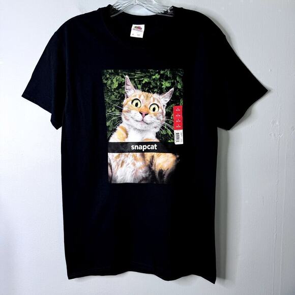 Snapcat Orange Cat Selfie Graphic Short Sleeve Black T-Shirt Men's Sz S (34/36) - Picture 1 of 12